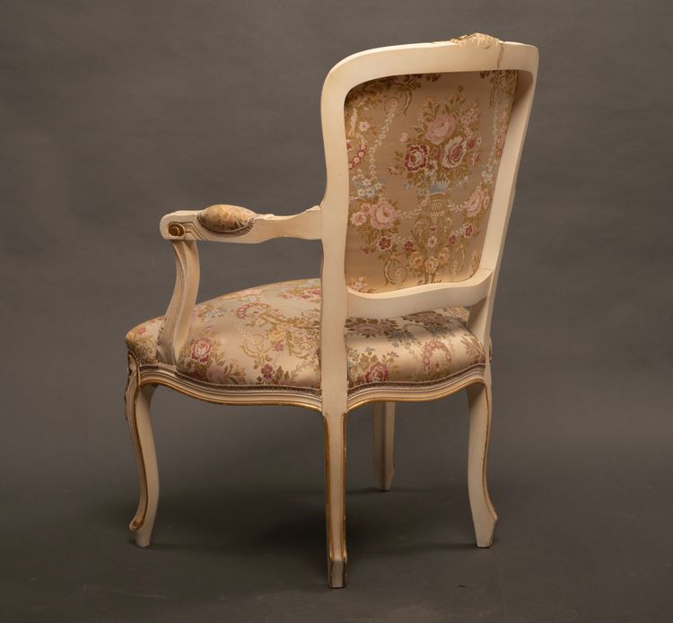 Pair of Louis XV Style Armchairs, Carved Wood and Brocade Fabric - 20th Century