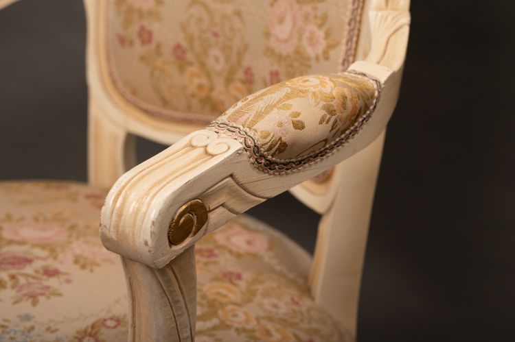 Pair of Louis XV Style Armchairs, Carved Wood and Brocade Fabric - 20th Century