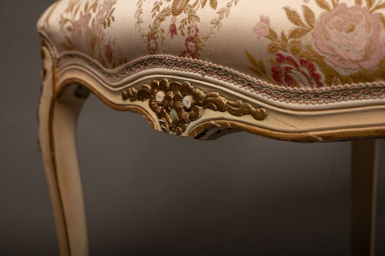 Pair of Louis XV Style Armchairs, Carved Wood and Brocade Fabric - 20th Century