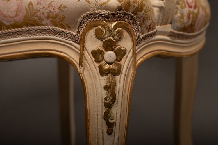 Pair of Louis XV Style Armchairs, Carved Wood and Brocade Fabric - 20th Century