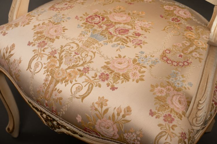 Pair of Louis XV Style Armchairs, Carved Wood and Brocade Fabric - 20th Century