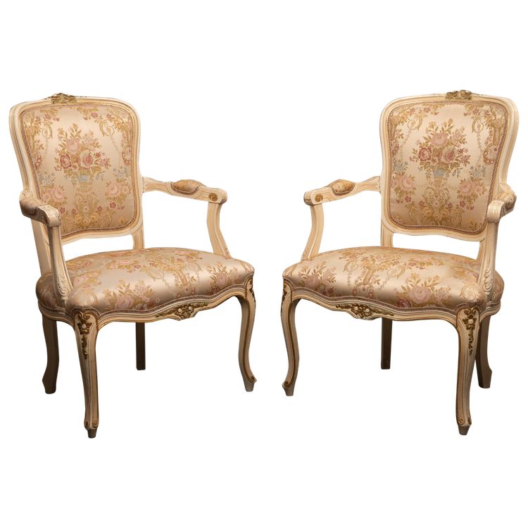 Pair of Louis XV Style Armchairs, Carved Wood and Brocade Fabric - 20th Century