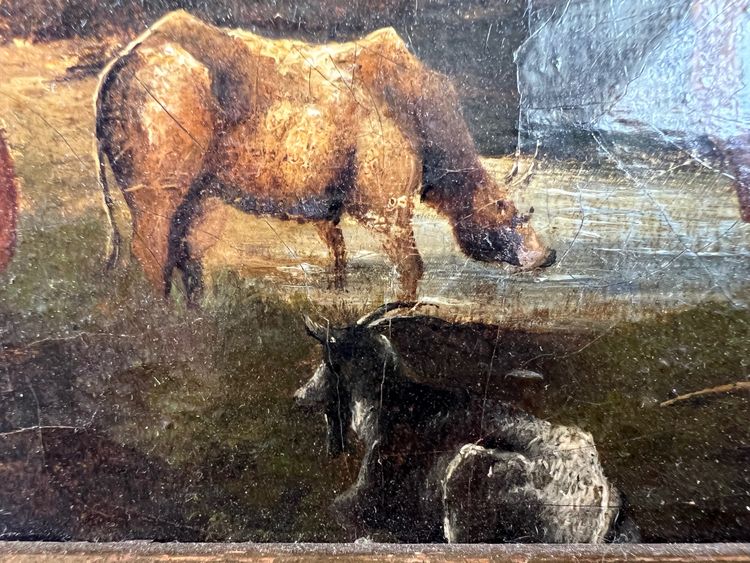 École du XIXe siècle – “Vaches devant la tour” – Huile sur toile – Monogrammée EM – Lac d’Écosse