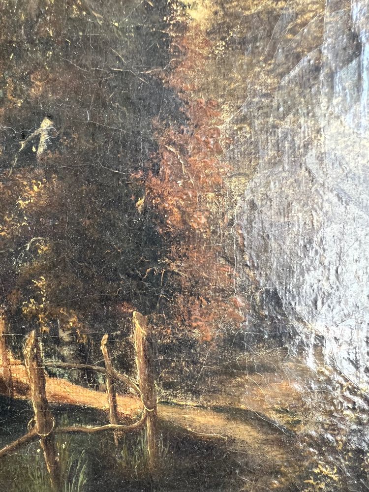 École du XIXe siècle – “Vaches devant la tour” – Huile sur toile – Monogrammée EM – Lac d’Écosse