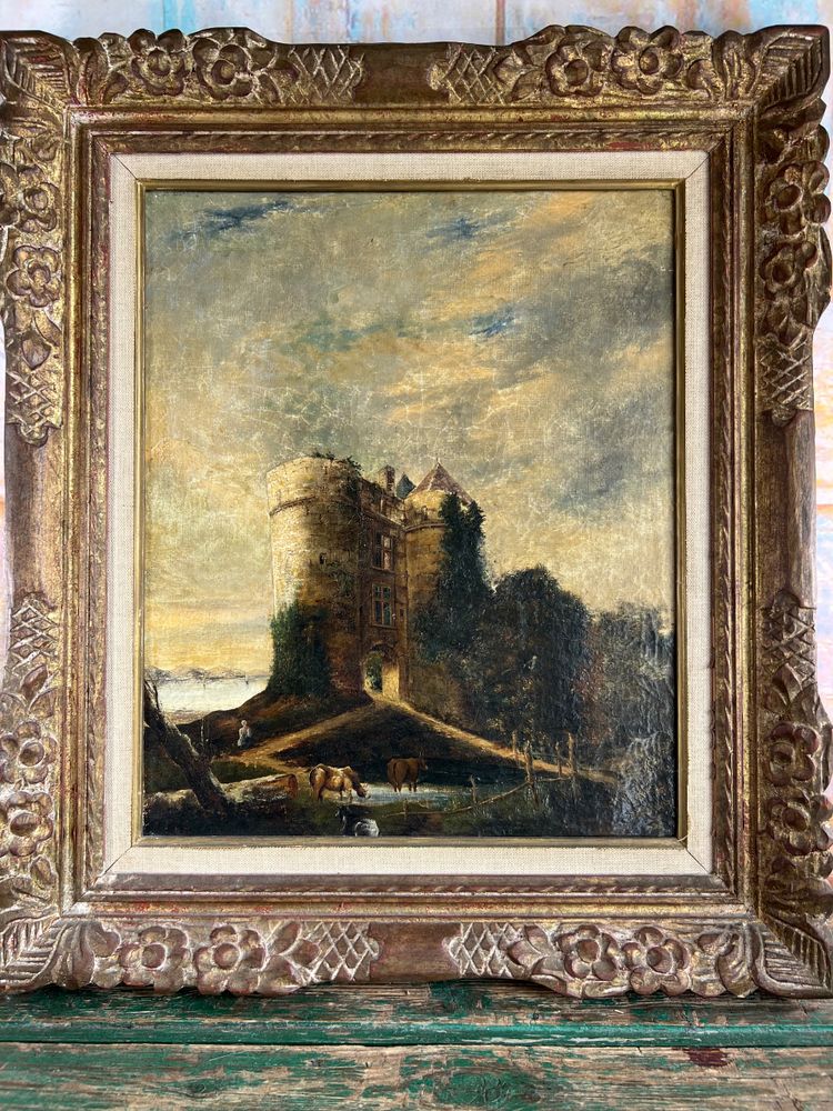 École du XIXe siècle – “Vaches devant la tour” – Huile sur toile – Monogrammée EM – Lac d’Écosse