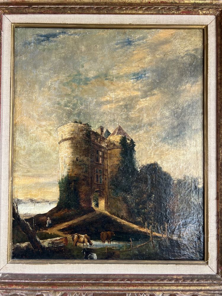 École du XIXe siècle – “Vaches devant la tour” – Huile sur toile – Monogrammée EM – Lac d’Écosse