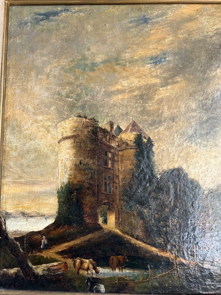 École du XIXe siècle – “Vaches devant la tour” – Huile sur toile – Monogrammée EM – Lac d’Écosse