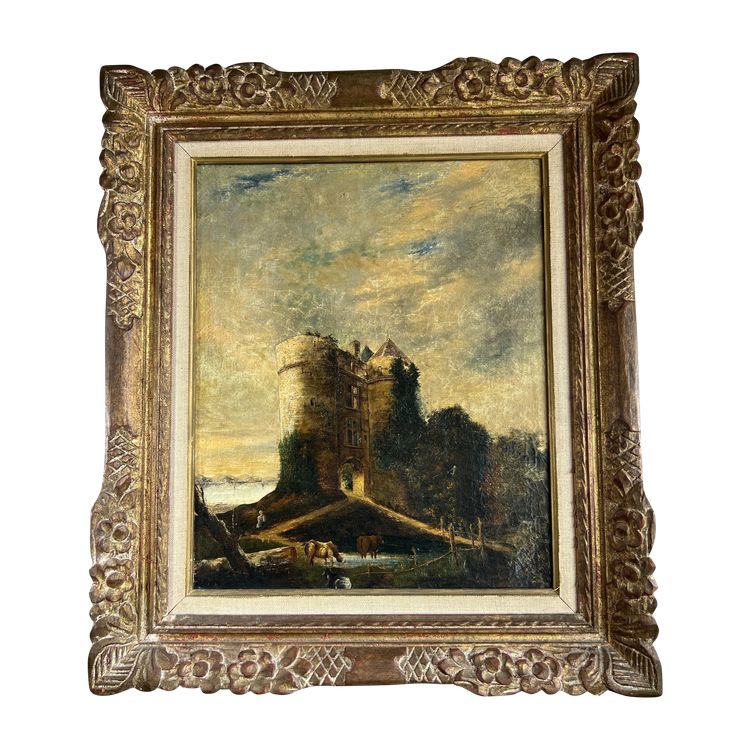 École du XIXe siècle – “Vaches devant la tour” – Huile sur toile – Monogrammée EM – Lac d’Écosse