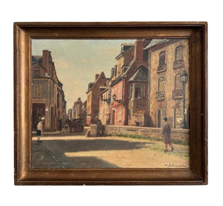 Olio su tela, scena di strada del XX secolo di Jacques Louis Barcat
