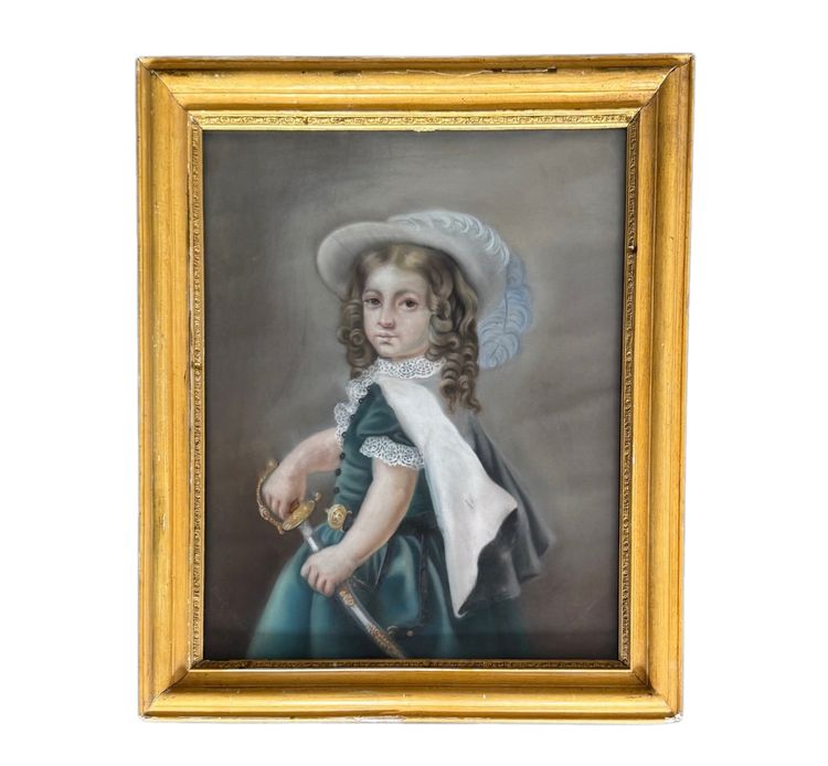 Aquarelle sur papier portrait de jeune fille avec une épée XIXe