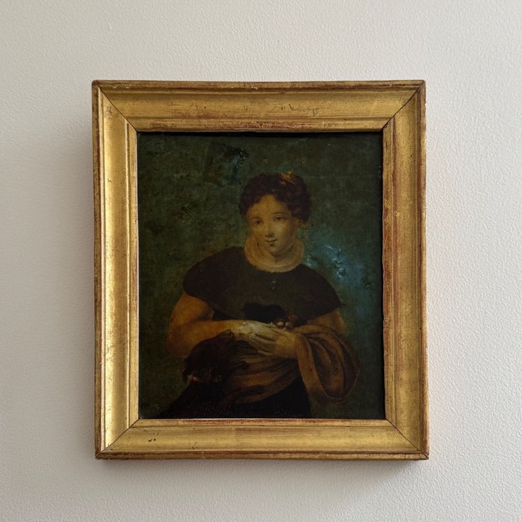 Portrait de jeune fille XVIIIe fixé sous verre cadre à baguette