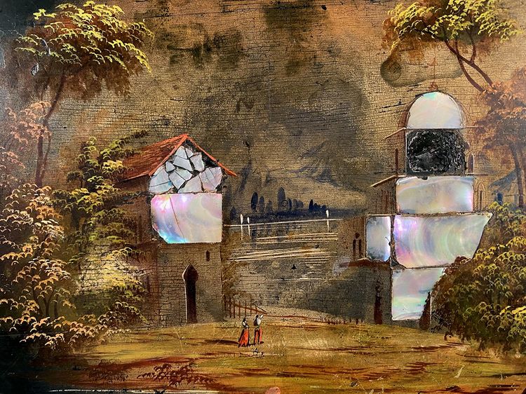 Guéridon basculant Napoléon III, bois laqué noir, décor peint et burgauté
