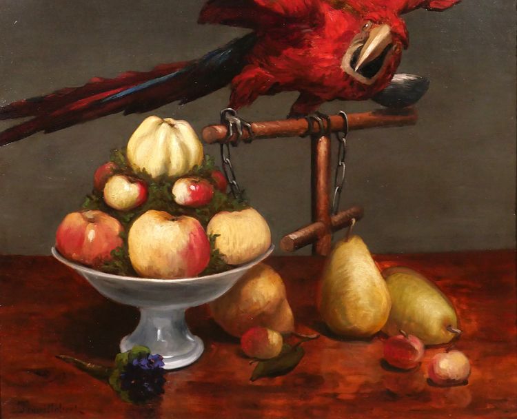 Paul-Désiré TROUILLEBERT 1831-1900 Papagei und Früchtestillleben, Gemälde, um 1870