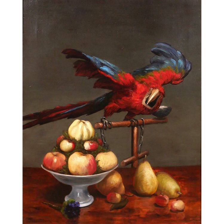 Paul-Désiré TROUILLEBERT 1831-1900 Papagei und Früchtestillleben, Gemälde, um 1870
