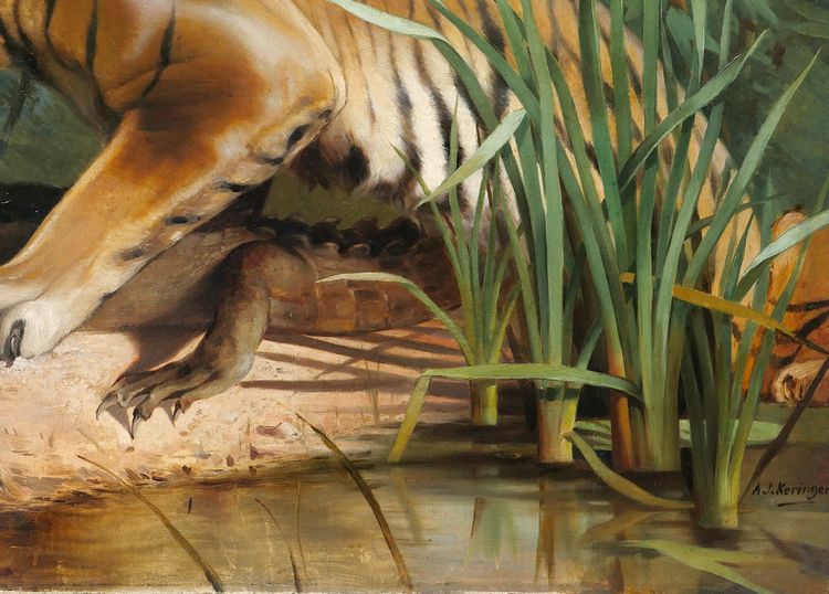 Albert-Joseph KERINGER 1869-1941 Tiger und Krokodil, Gemälde, um 1900 Tiere Asien Elsass