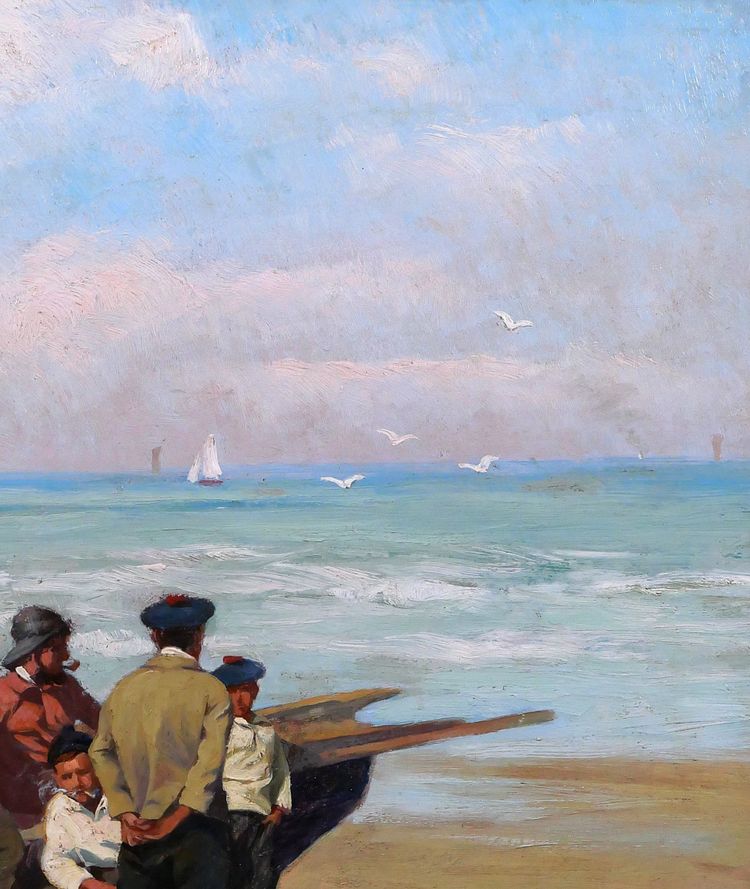 Paul-Antoine HALLEZ 1872-1965 Fishermen, waiting for the tide, painting circa 1900 seascape