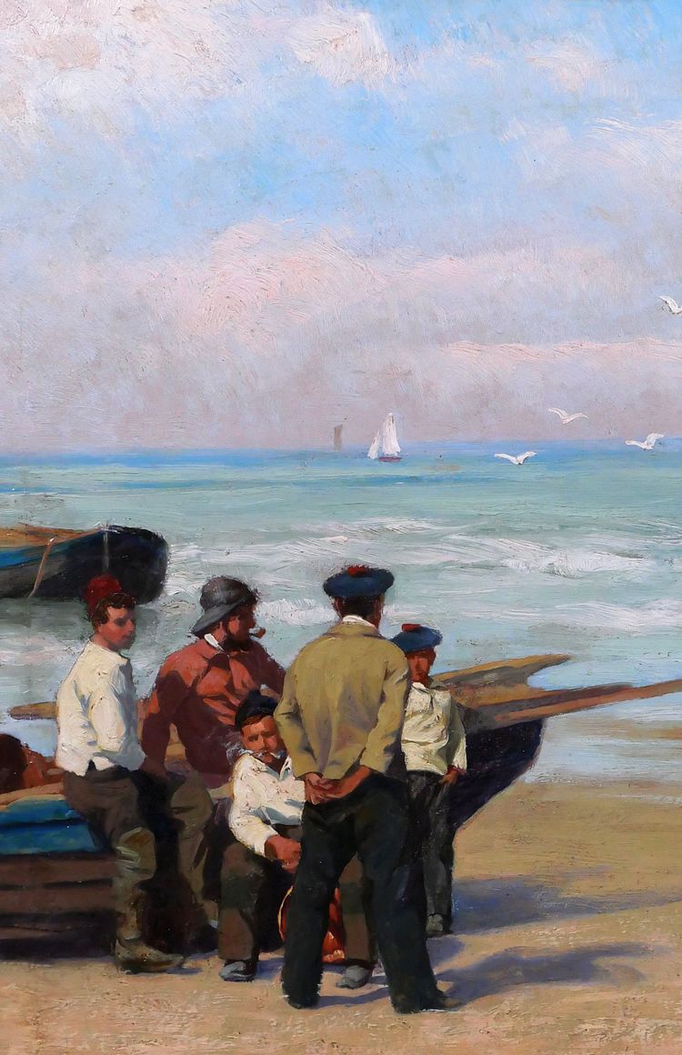 Paul-Antoine HALLEZ 1872-1965 Fishermen, waiting for the tide, painting circa 1900 seascape