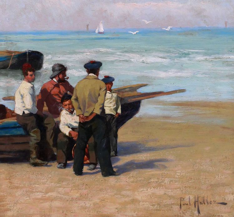 Paul-Antoine HALLEZ 1872-1965 Fishermen, waiting for the tide, painting circa 1900 seascape