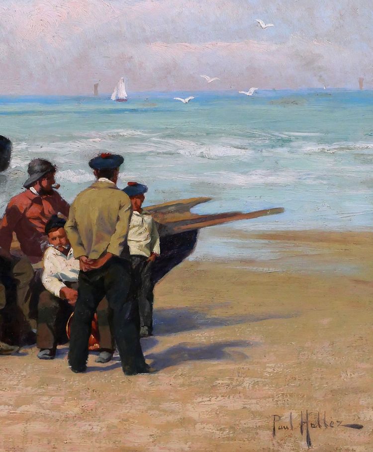 Paul-Antoine HALLEZ 1872-1965 Fishermen, waiting for the tide, painting circa 1900 seascape
