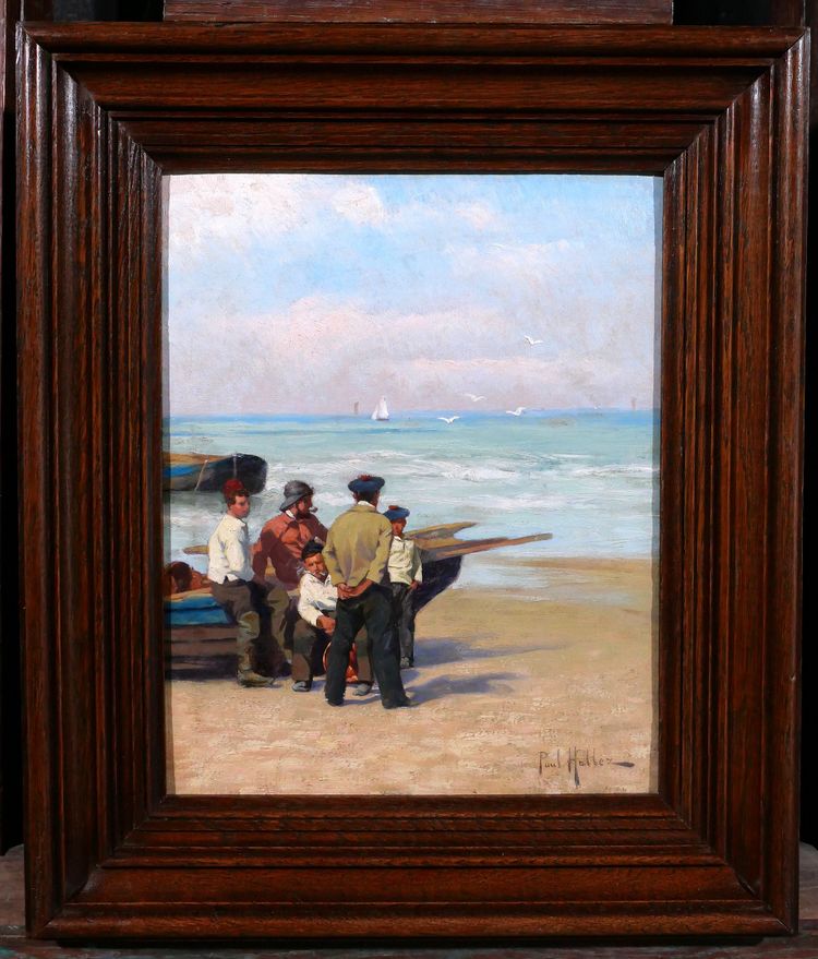 Paul-Antoine HALLEZ 1872-1965 Fishermen, waiting for the tide, painting circa 1900 seascape