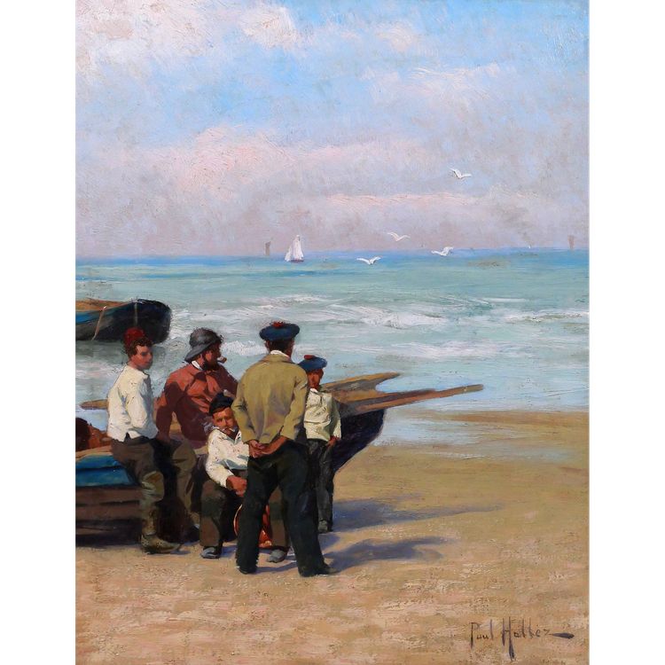 Paul-Antoine HALLEZ 1872-1965 Fishermen, waiting for the tide, painting circa 1900 seascape