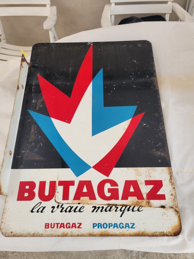 plaque tole émailée pub BUTAGAZ recto verso h71 x l49 de 1962