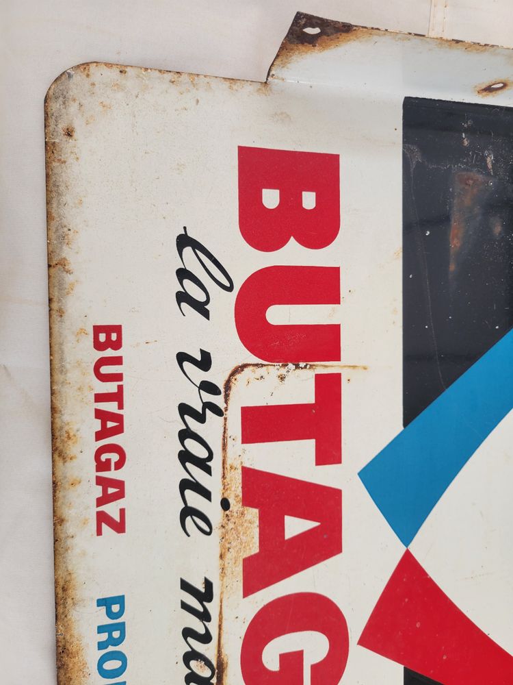 plaque tole émailée pub BUTAGAZ recto verso h71 x l49 de 1962