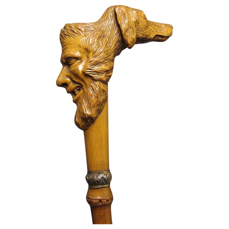 Canne d'Art Populaire Pommeau En Buis Sculpté d'Une Tête De Grotesque Et d'Une Tête De Chien. 