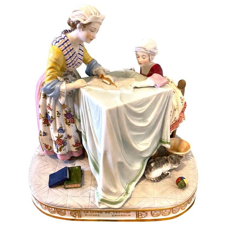 "The writing lesson after Chardin". Porcelain, 18th century style. Capodimonte early 20th century.