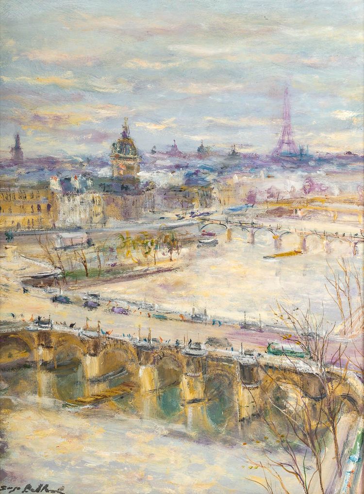 Serge Belloni (1925-2005) - Sunrise over Pont-Neuf Oil on Wood, circa 1980