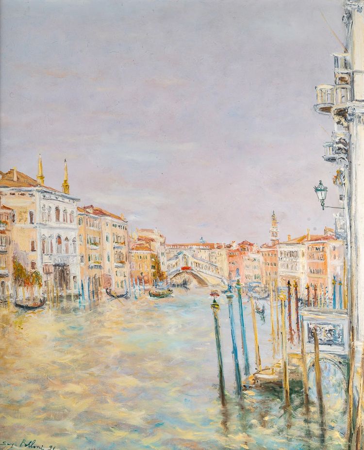 Serge Belloni (1925-2005) - The Rialto and Gondolas on the Grand Canal Oil on Panel, circa 1991