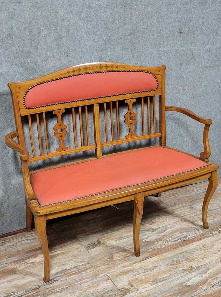 Art Nouveau bench seat in light wood and marquetry, circa 1900