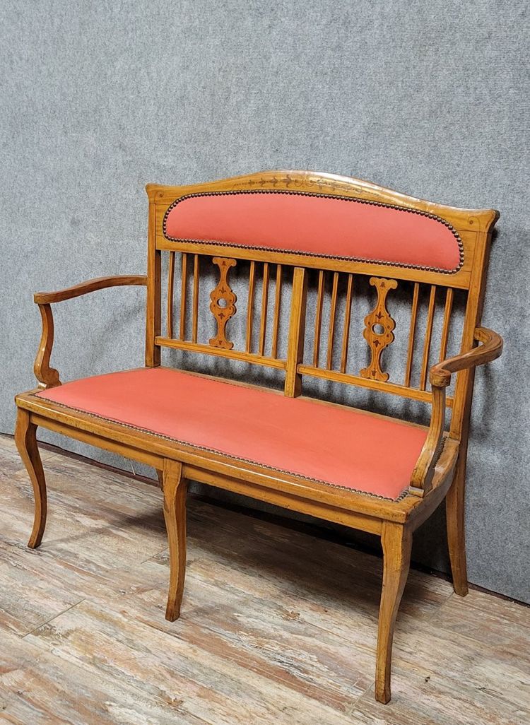 Art Nouveau bench seat in light wood and marquetry, circa 1900