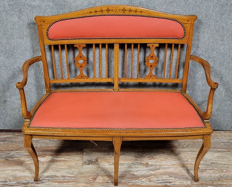 Art Nouveau bench seat in light wood and marquetry, circa 1900