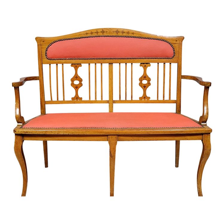 Art Nouveau bench seat in light wood and marquetry, circa 1900
