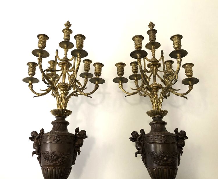 ancienne paire de grands candélabres / chandeliers à 7 feux en bronze doré 83 cm XIXème
