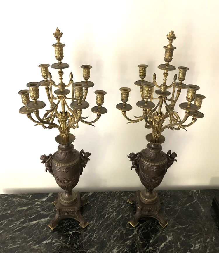 ancienne paire de grands candélabres / chandeliers à 7 feux en bronze doré 83 cm XIXème