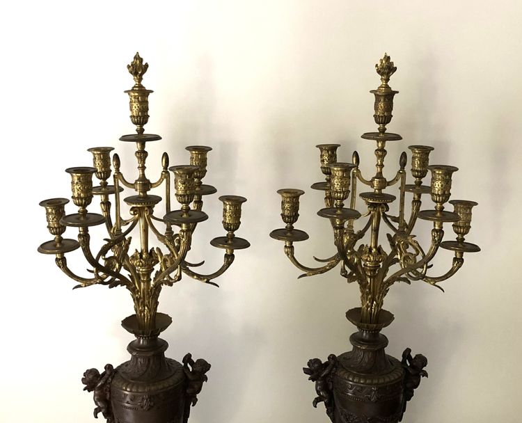 ancienne paire de grands candélabres / chandeliers à 7 feux en bronze doré 83 cm XIXème