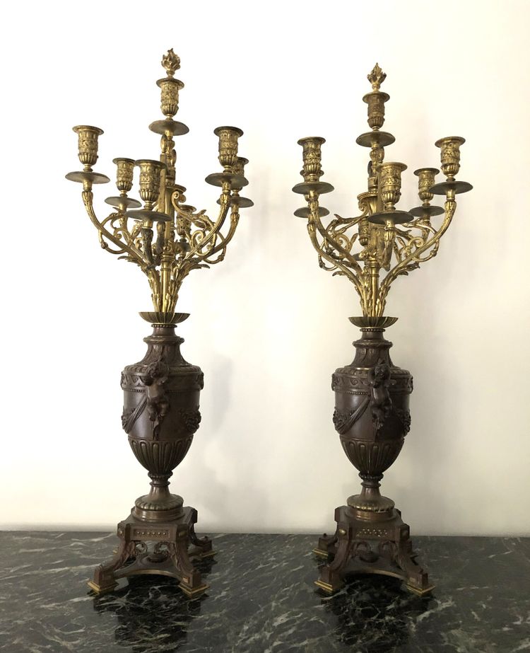 ancienne paire de grands candélabres / chandeliers à 7 feux en bronze doré 83 cm XIXème