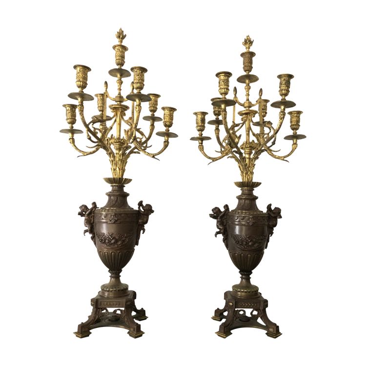 ancienne paire de grands candélabres / chandeliers à 7 feux en bronze doré 83 cm XIXème