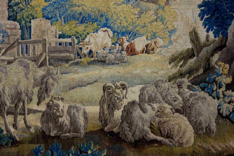 Großer Wandteppich von Aubusson: Bukolische Fischerszene, Werkstatt von Jean Dumonteil