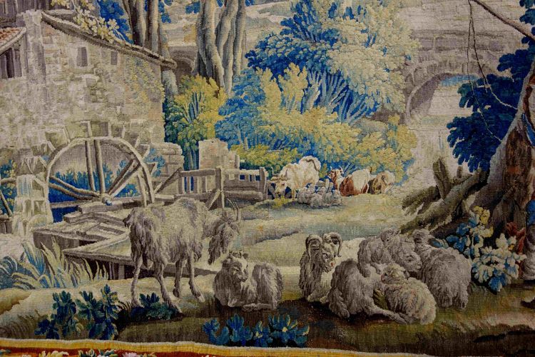 Großer Wandteppich von Aubusson: Bukolische Fischerszene, Werkstatt von Jean Dumonteil