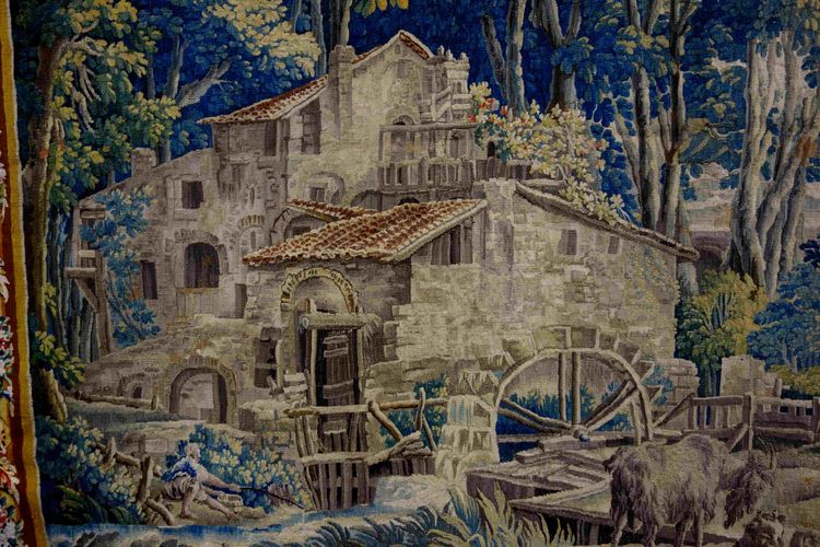 Großer Wandteppich von Aubusson: Bukolische Fischerszene, Werkstatt von Jean Dumonteil