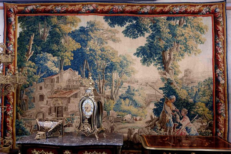 Großer Wandteppich von Aubusson: Bukolische Fischerszene, Werkstatt von Jean Dumonteil