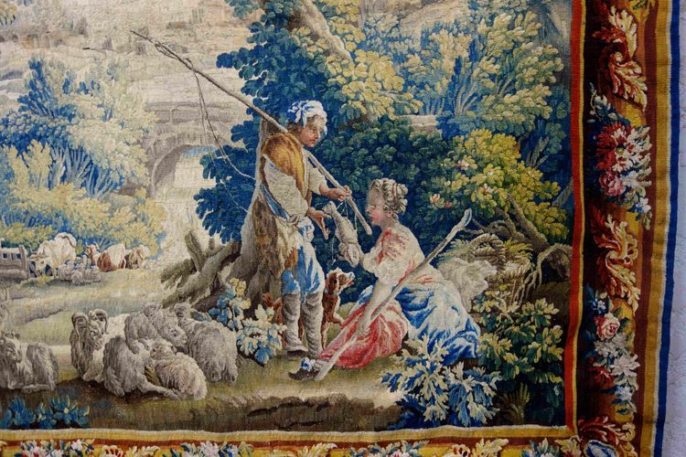 Großer Wandteppich von Aubusson: Bukolische Fischerszene, Werkstatt von Jean Dumonteil