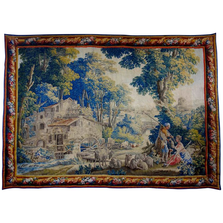 Großer Wandteppich von Aubusson: Bukolische Fischerszene, Werkstatt von Jean Dumonteil