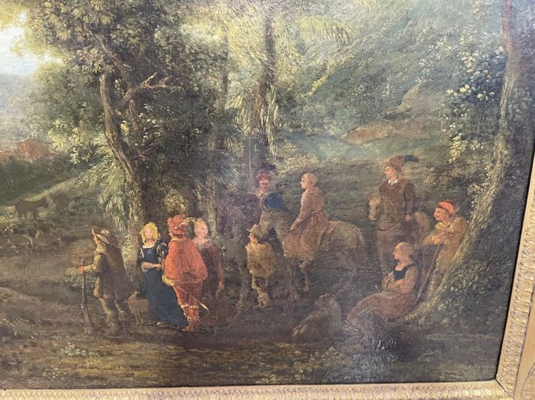 Öl auf Leinwand aus dem 17. Jahrhundert, das eine belebte Landschaft darstellt.