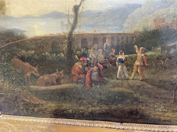 Öl auf Leinwand aus dem 17. Jahrhundert, das eine belebte Landschaft darstellt.