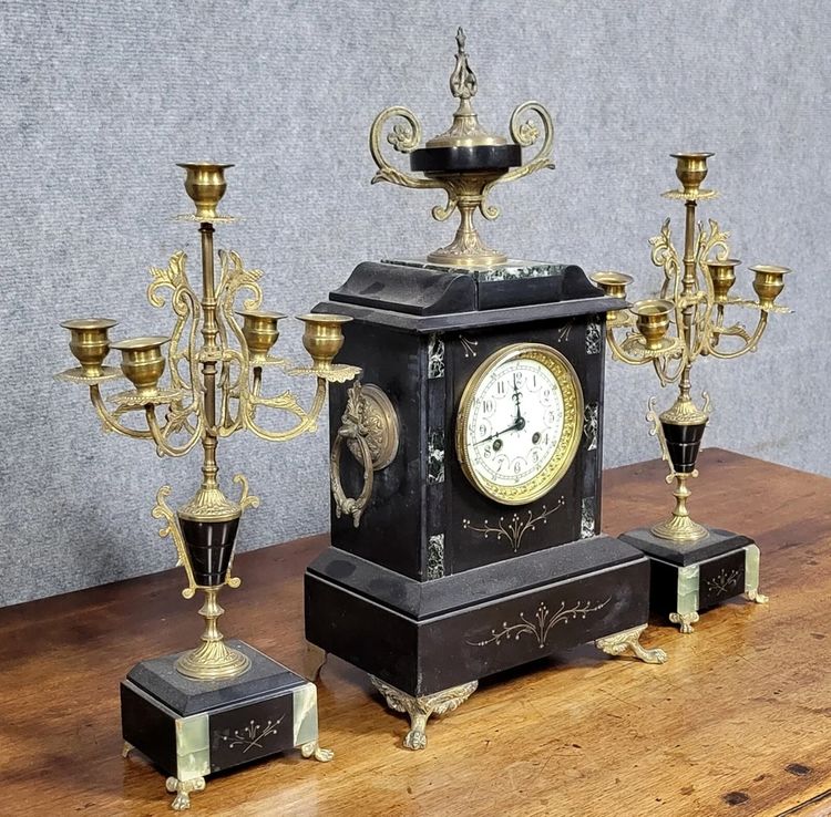 3-piece bronze and marble clock set, Napoleon III period, circa 1880