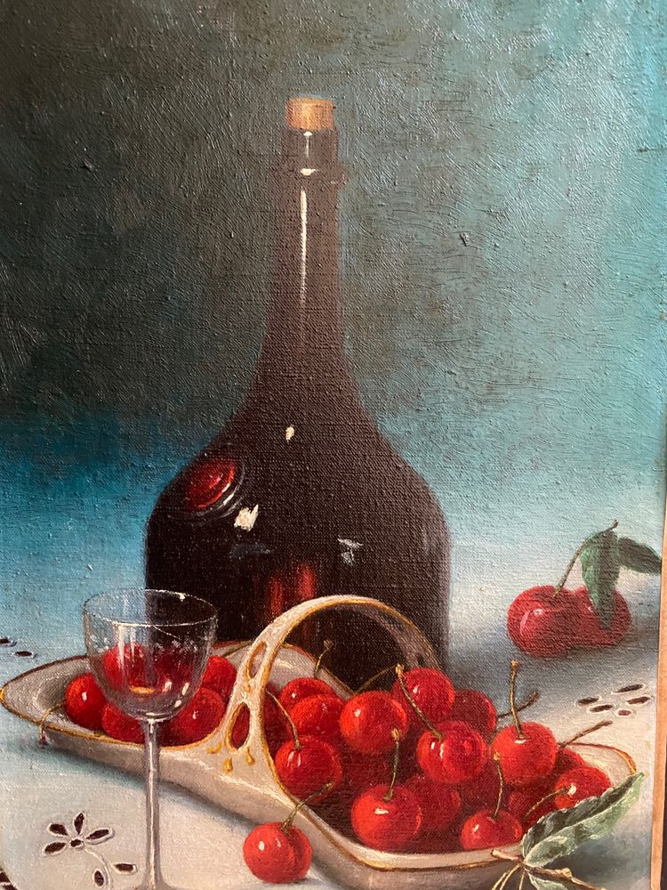 Nature morte aux cerises. Huile sur toile. Alger début XXème. Anne Mourre. 